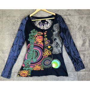 Vintage Desigual T-Shirt Womens Large Retro Y2K Sequins Embroider Logo Boho Arty